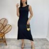 Vestido Midi de Linho Preto Alça Grossa com Bolsos - Fernanda Ramos Store