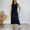 Vestido Midi de Linho Preto Alça Grossa com Bolsos - Fernanda Ramos Store