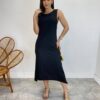 Vestido Midi de Linho Preto Alça Grossa com Bolsos - Fernanda Ramos Store