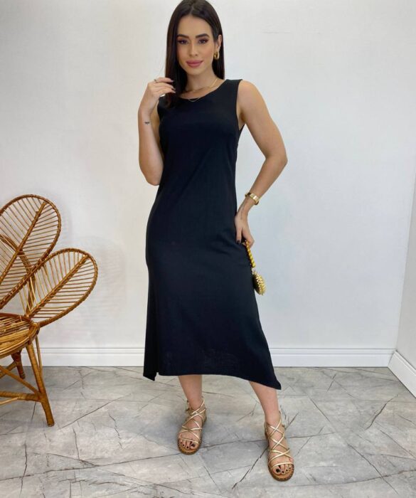 Vestido Midi de Linho Preto Alça Grossa com Bolsos - Fernanda Ramos Store