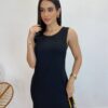 Vestido Midi de Linho Preto Alça Grossa com Bolsos - Fernanda Ramos Store