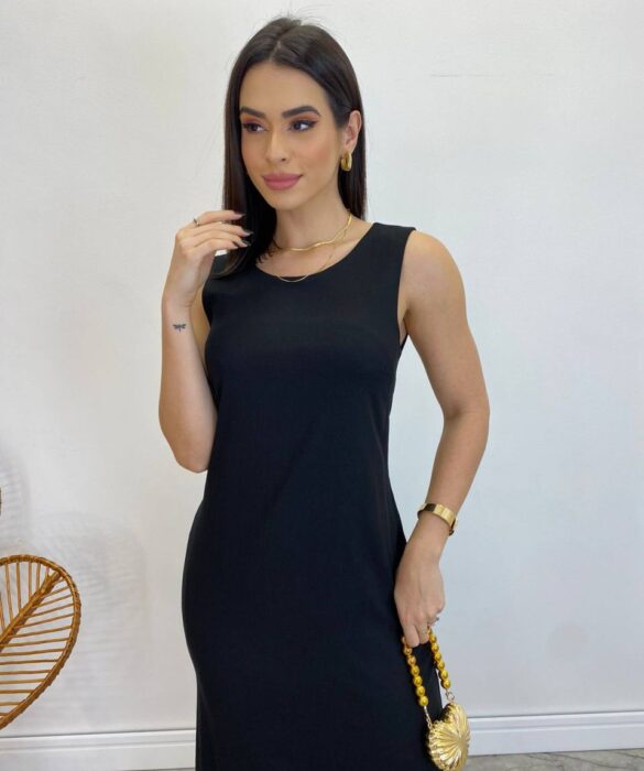 Vestido Midi de Linho Preto Alça Grossa com Bolsos - Fernanda Ramos Store