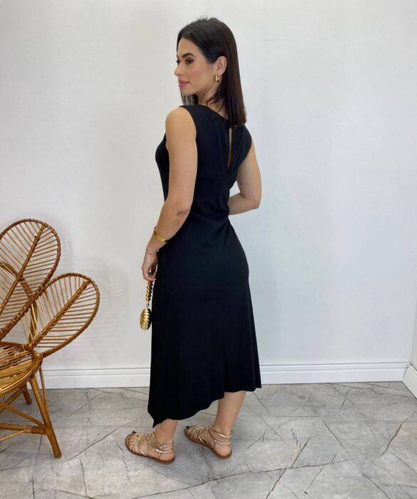 Vestido Midi de Linho Preto Alça Grossa com Bolsos - Fernanda Ramos Store