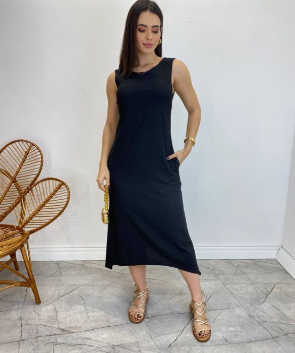 Vestido Midi de Linho Preto Alça Grossa com Bolsos - Fernanda Ramos Store