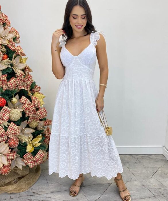 Vestido Midi Ingrid de Laise com Bojo Alça com Babado Branco - Fernanda Ramos Store