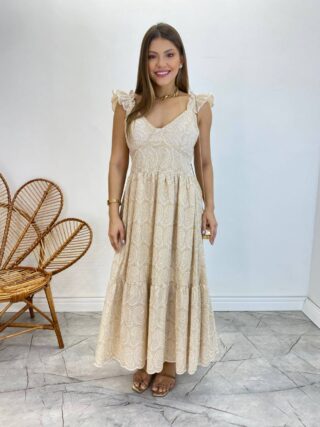 Vestido Midi Ingrid de Laise com Bojo Alça com Babado Nude - Fernanda Ramos Store