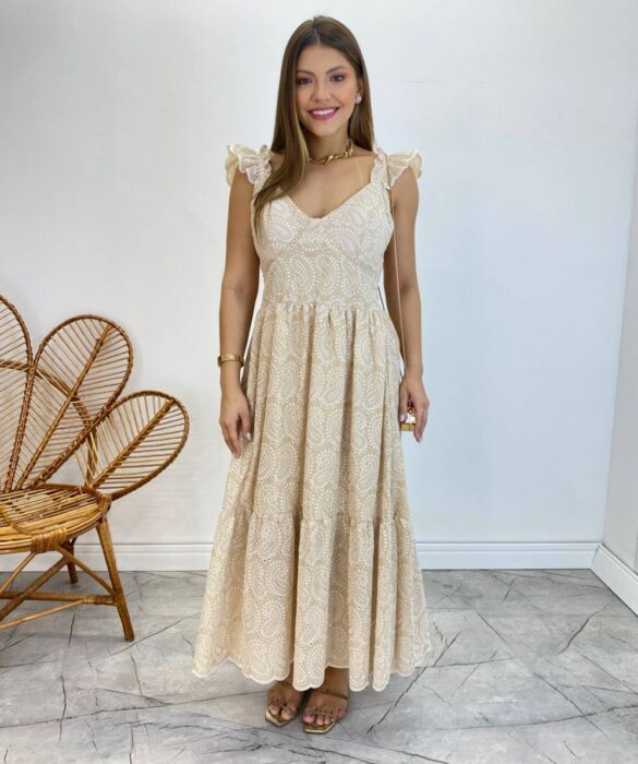 Vestido Midi Ingrid de Laise com Bojo Alça com Babado Nude - Fernanda Ramos Store