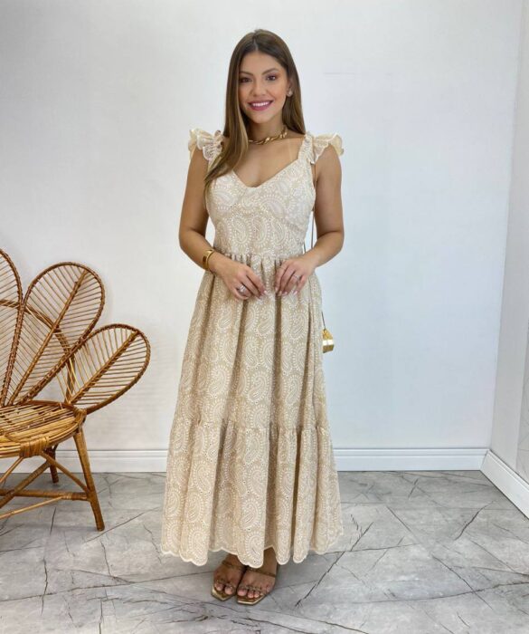 Vestido Midi Ingrid de Laise com Bojo Alça com Babado Nude - Fernanda Ramos Store