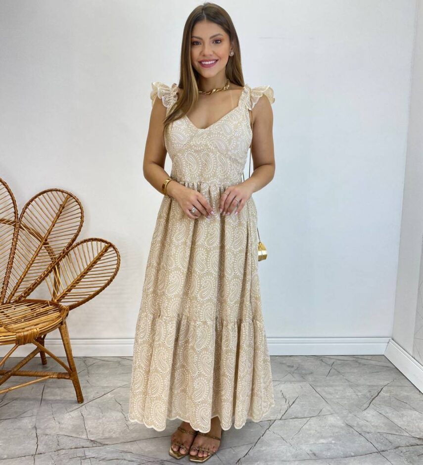 Vestido Midi Ingrid de Laise com Bojo Alça com Babado Nude - Fernanda Ramos Store