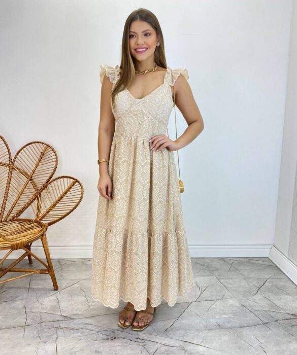 Vestido Midi Ingrid de Laise com Bojo Alça com Babado Nude - Fernanda Ramos Store