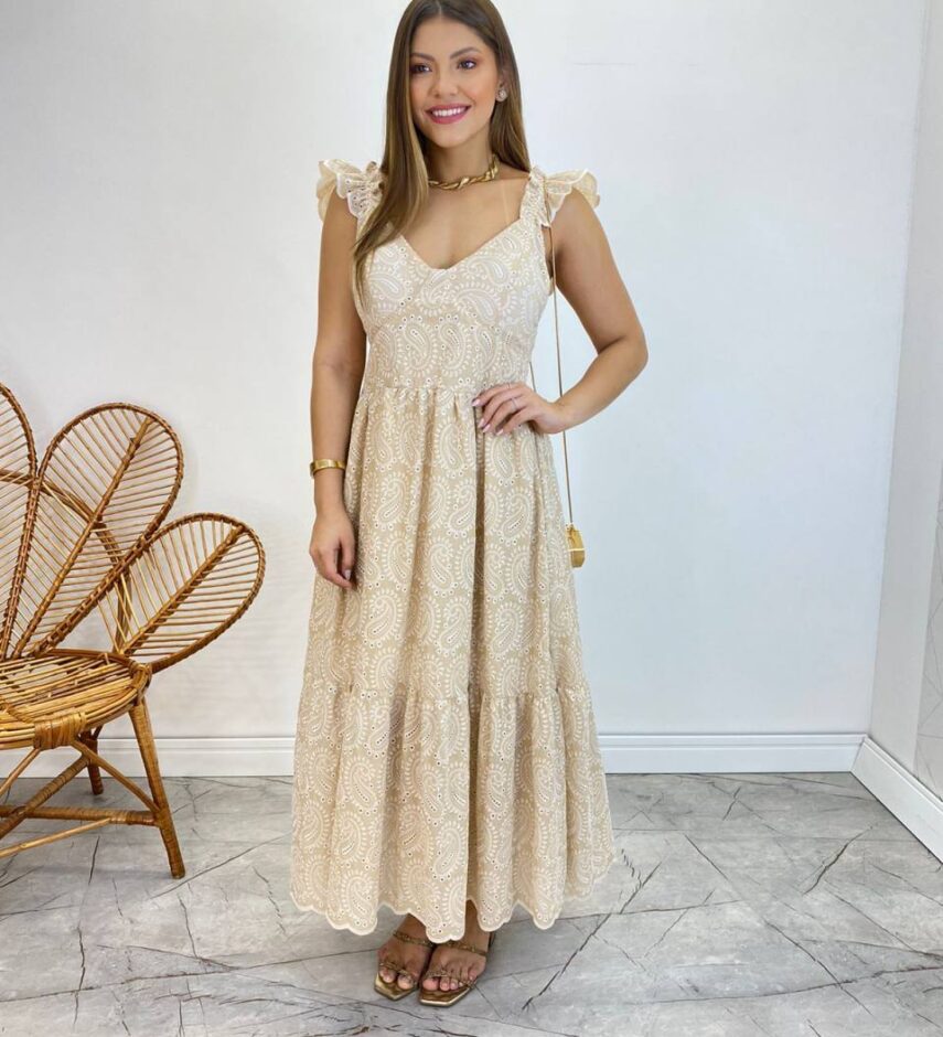 Vestido Midi Ingrid de Laise com Bojo Alça com Babado Nude - Fernanda Ramos Store