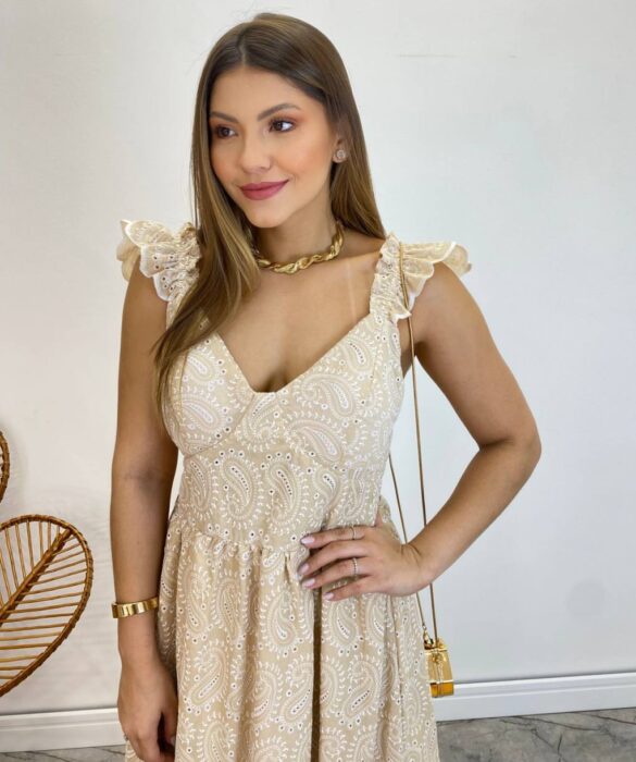 Vestido Midi Ingrid de Laise com Bojo Alça com Babado Nude - Fernanda Ramos Store