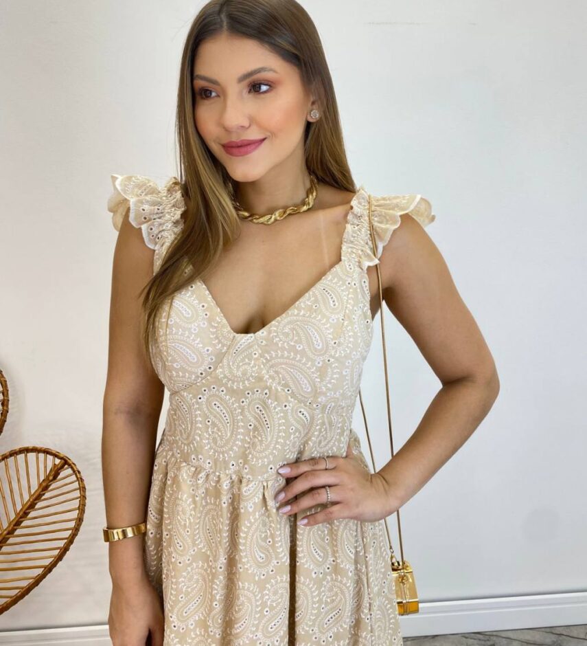 Vestido Midi Ingrid de Laise com Bojo Alça com Babado Nude - Fernanda Ramos Store
