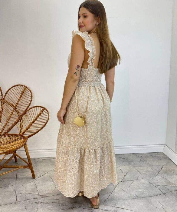 Vestido Midi Ingrid de Laise com Bojo Alça com Babado Nude - Fernanda Ramos Store