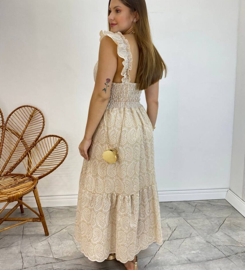 Vestido Midi Ingrid de Laise com Bojo Alça com Babado Nude - Fernanda Ramos Store