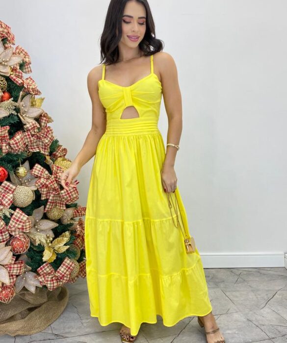 Vestido Midi Isabella com Bojo e Alça Regulável Amarelo - Fernanda Ramos Store