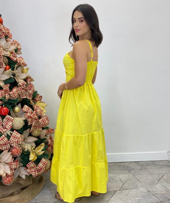 Vestido Midi Isabella com Bojo e Alça Regulável Amarelo - Fernanda Ramos Store