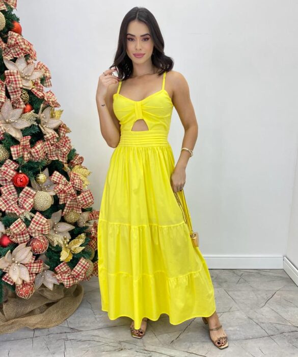 Vestido Midi Isabella com Bojo e Alça Regulável Amarelo - Fernanda Ramos Store