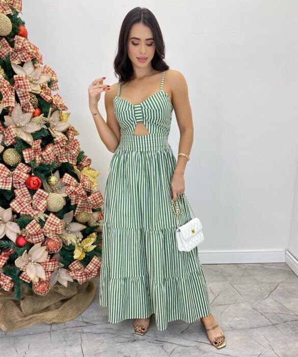 Vestido Midi Isabella com Bojo e Alça Regulável Listrado Verde - Fernanda Ramos Store