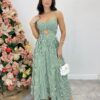 Vestido Midi Isabella com Bojo e Alça Regulável Listrado Verde - Fernanda Ramos Store