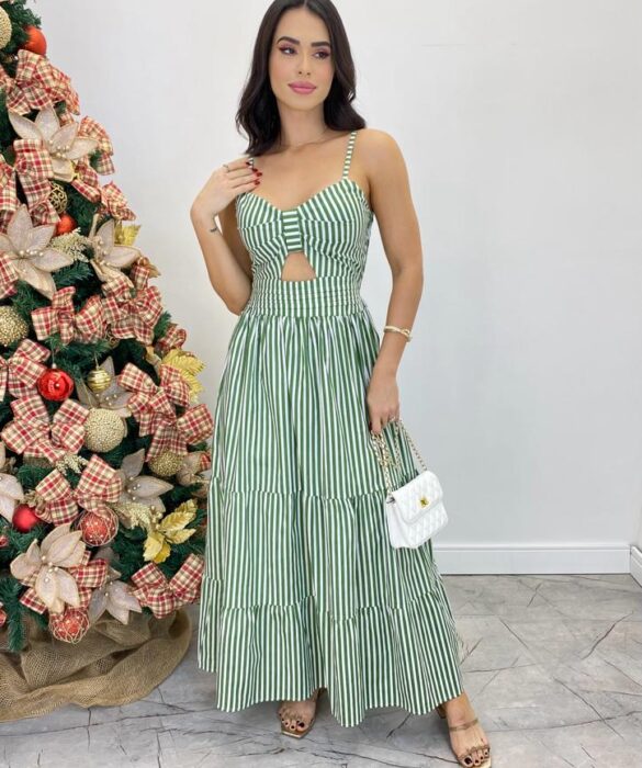 Vestido Midi Isabella com Bojo e Alça Regulável Listrado Verde - Fernanda Ramos Store