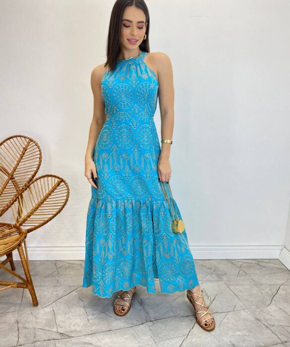 Vestido Midi Isabella de Laise Azul sem Bojo Bordado - Fernanda Ramos Store