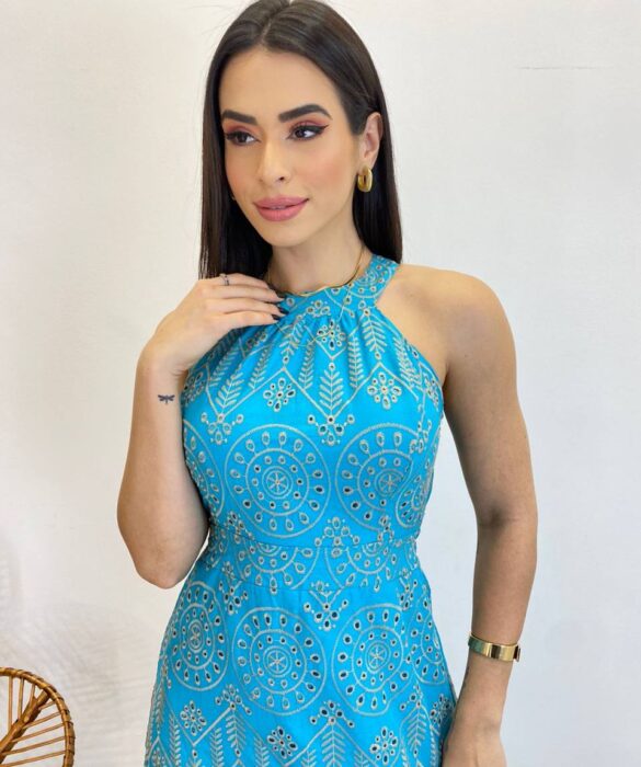 Vestido Midi Isabella de Laise Azul sem Bojo Bordado - Fernanda Ramos Store