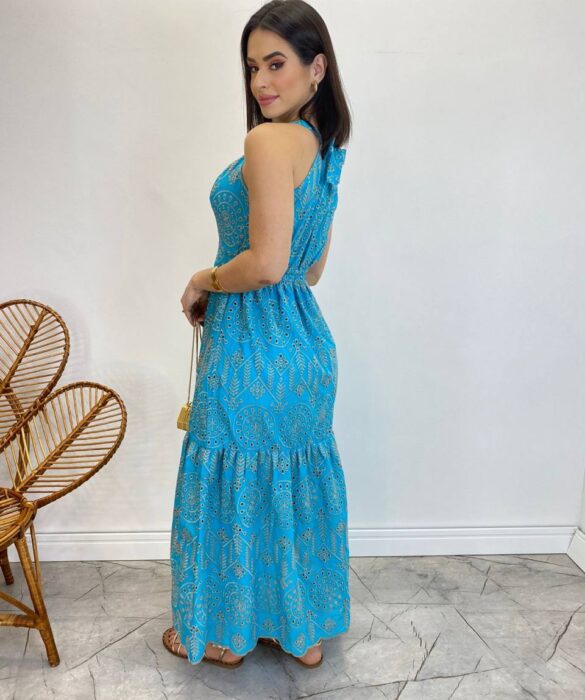 Vestido Midi Isabella de Laise Azul sem Bojo Bordado - Fernanda Ramos Store