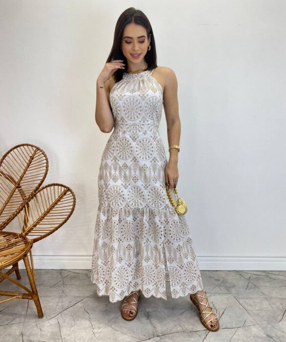 Vestido Midi Isabella de Laise Off White sem Bojo Bordado - Fernanda Ramos Store