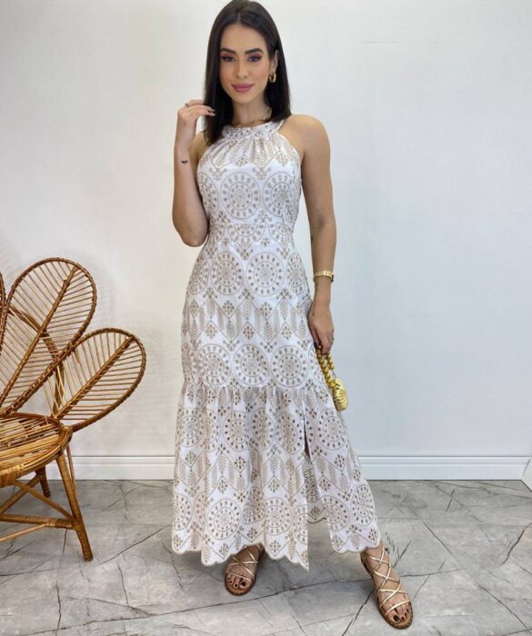 Vestido Midi Isabella de Laise Off White sem Bojo Bordado - Fernanda Ramos Store