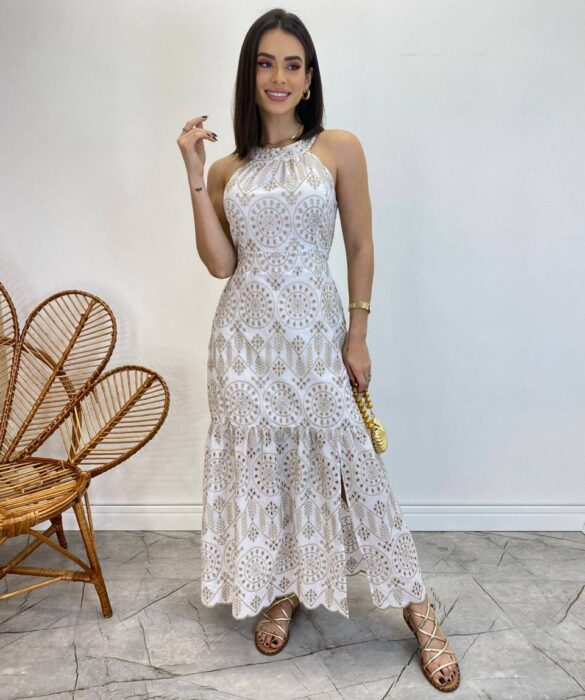 Vestido Midi Isabella de Laise Off White sem Bojo Bordado - Fernanda Ramos Store