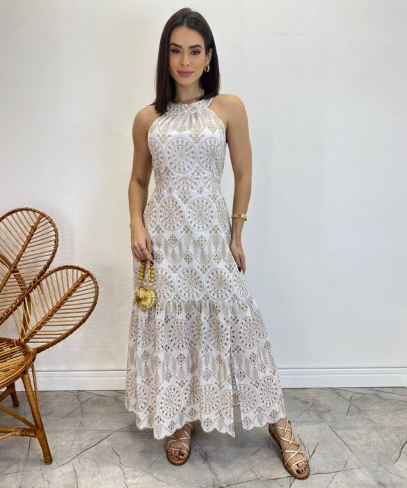 Vestido Midi Isabella de Laise Off White sem Bojo Bordado - Fernanda Ramos Store