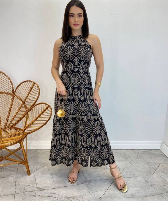 Vestido Midi Isabella de Laise Preto sem Bojo Bordado - Fernanda Ramos Store