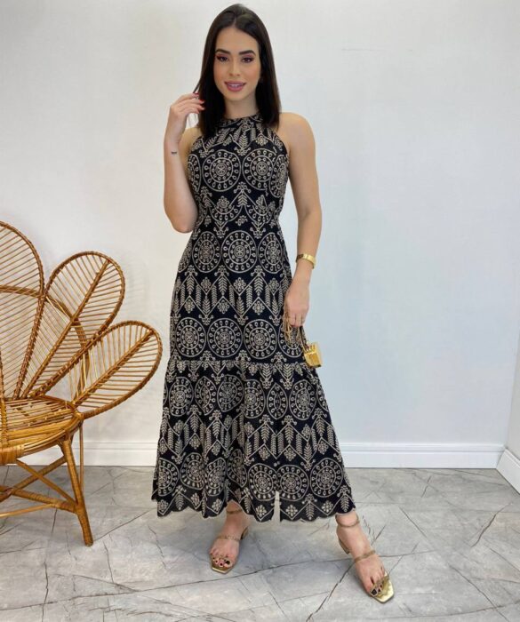 Vestido Midi Isabella de Laise Preto sem Bojo Bordado - Fernanda Ramos Store