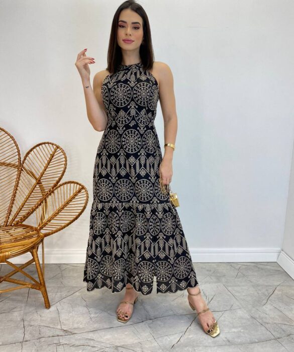 Vestido Midi Isabella de Laise Preto sem Bojo Bordado - Fernanda Ramos Store