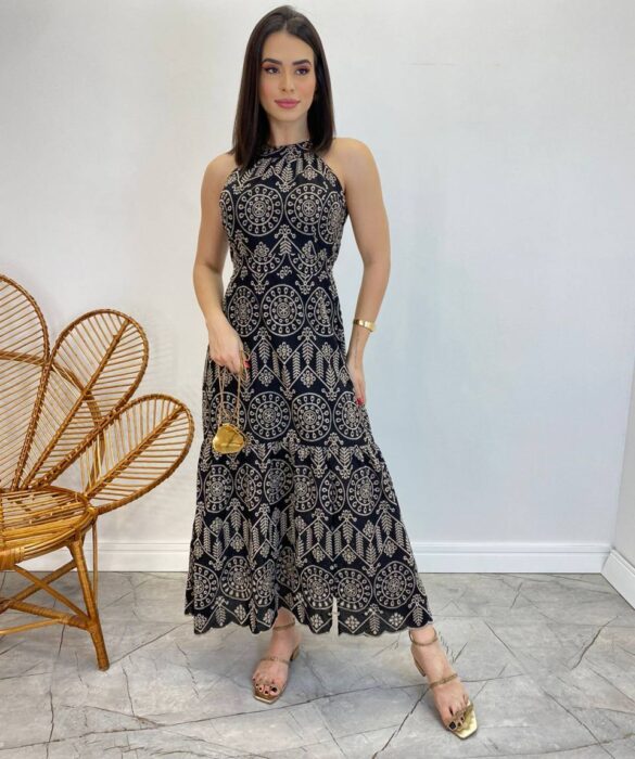 Vestido Midi Isabella de Laise Preto sem Bojo Bordado - Fernanda Ramos Store