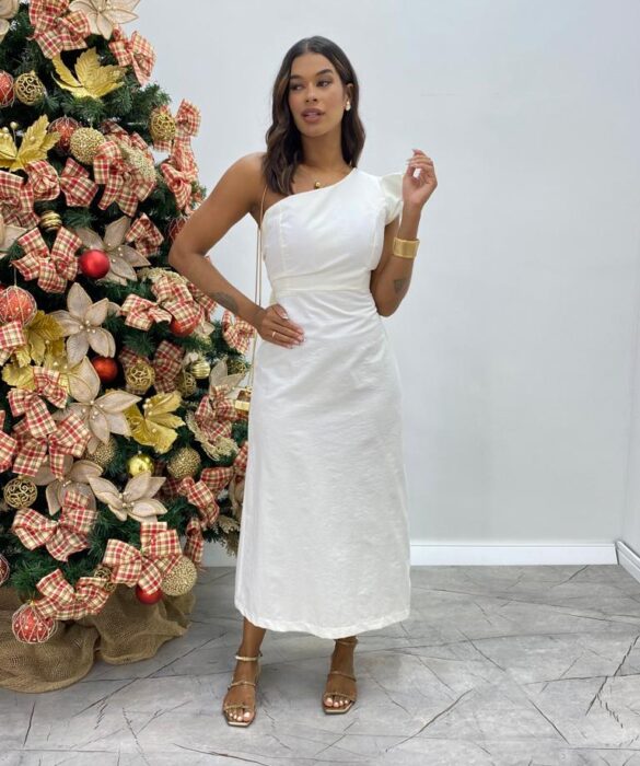 Vestido Midi Lorena com Bojo e Amarração Atrás Nula Manga Off White - Fernanda Ramos Store