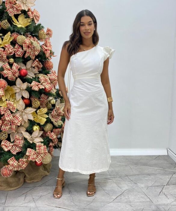 Vestido Midi Lorena com Bojo e Amarração Atrás Nula Manga Off White - Fernanda Ramos Store