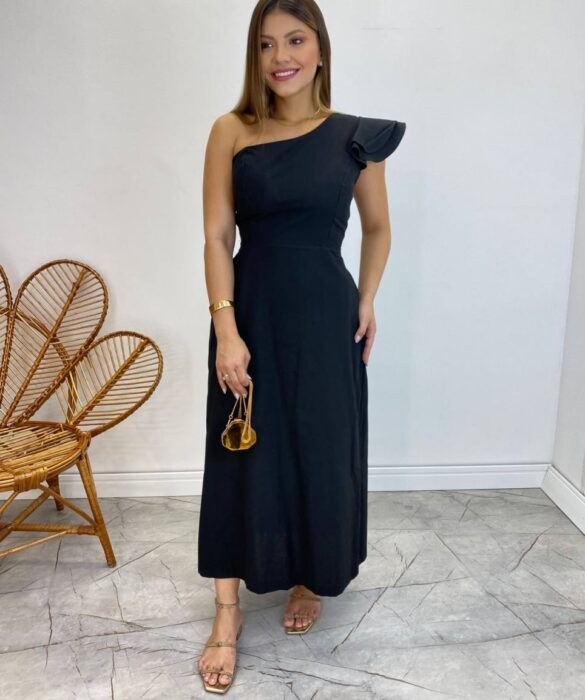 Vestido Midi Lorena com Bojo e Amarração Atrás Nula Manga Preto - Fernanda Ramos Store