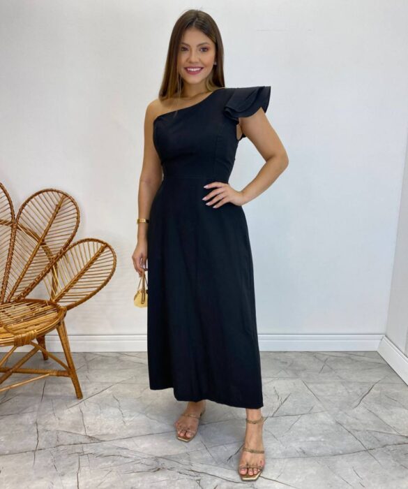 Vestido Midi Lorena com Bojo e Amarração Atrás Nula Manga Preto - Fernanda Ramos Store