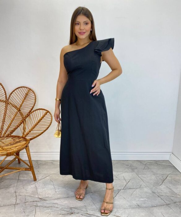 Vestido Midi Lorena com Bojo e Amarração Atrás Nula Manga Preto - Fernanda Ramos Store