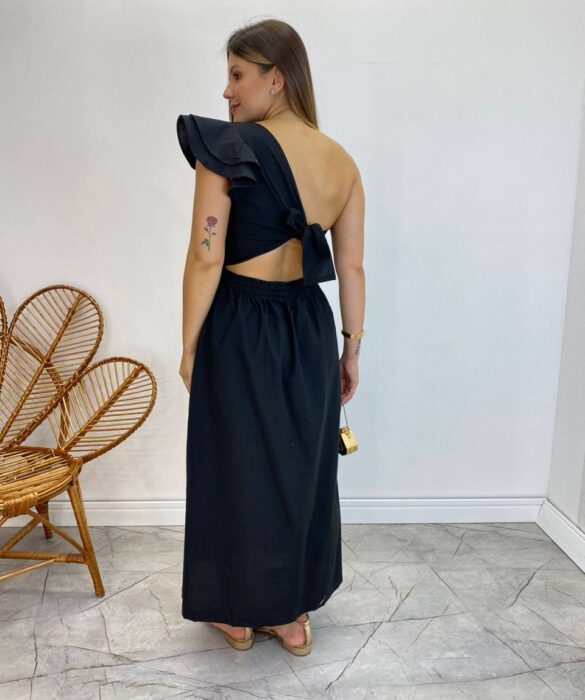 Vestido Midi Lorena com Bojo e Amarração Atrás Nula Manga Preto - Fernanda Ramos Store