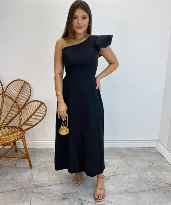 Vestido Midi Lorena com Bojo e Amarração Atrás Nula Manga Preto - Fernanda Ramos Store