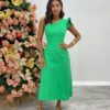 Vestido Midi Lorena com Bojo e Amarração Atrás Nula Manga Verde - Fernanda Ramos Store