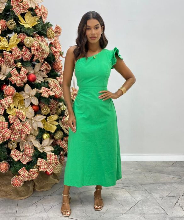 Vestido Midi Lorena com Bojo e Amarração Atrás Nula Manga Verde - Fernanda Ramos Store