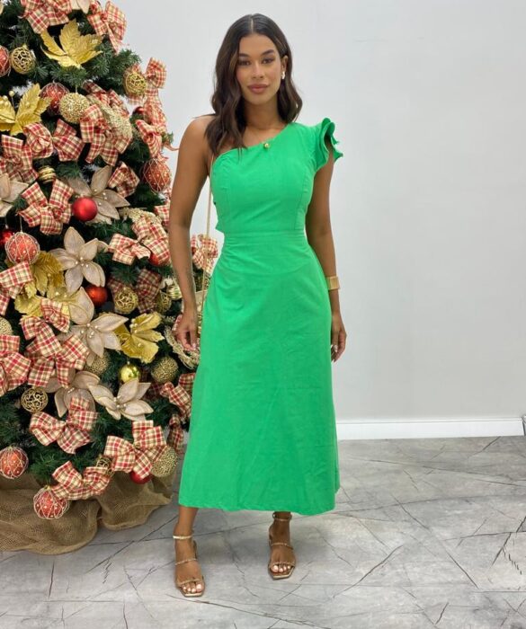 Vestido Midi Lorena com Bojo e Amarração Atrás Nula Manga Verde - Fernanda Ramos Store