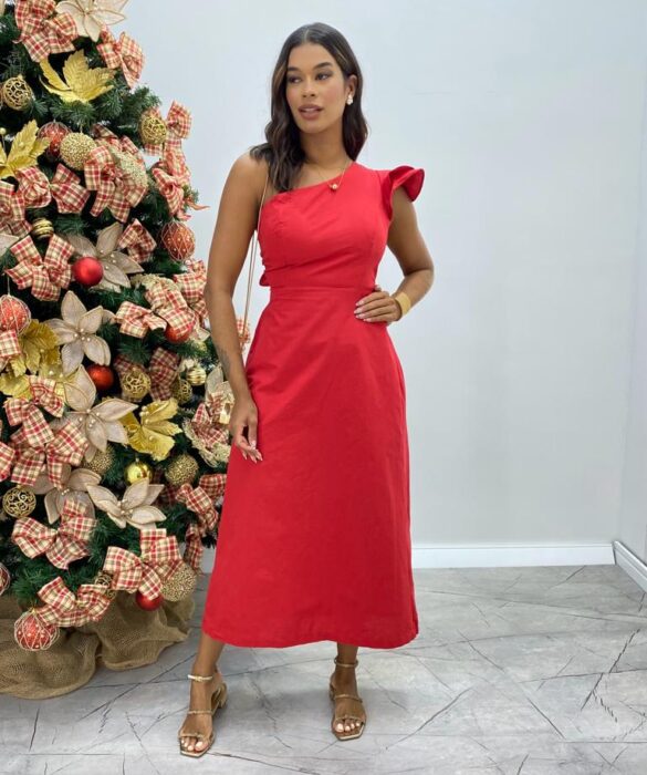 Vestido Midi Lorena com Bojo e Amarração Atrás Nula Manga Vermelho - Fernanda Ramos Store