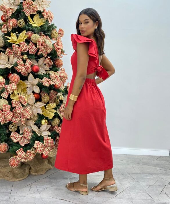 Vestido Midi Lorena com Bojo e Amarração Atrás Nula Manga Vermelho - Fernanda Ramos Store