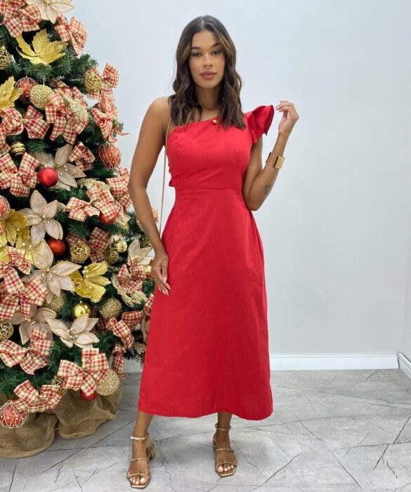 Vestido Midi Lorena com Bojo e Amarração Atrás Nula Manga Vermelho - Fernanda Ramos Store