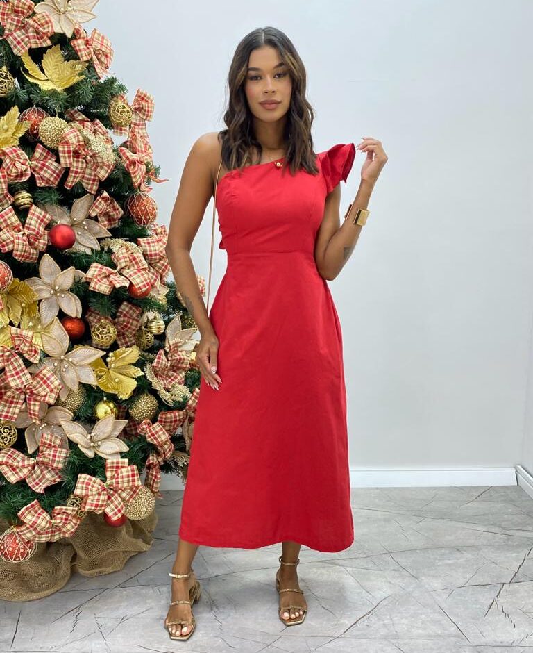 Vestido Midi Lorena com Bojo e Amarração Atrás Nula Manga Vermelho - Fernanda Ramos Store